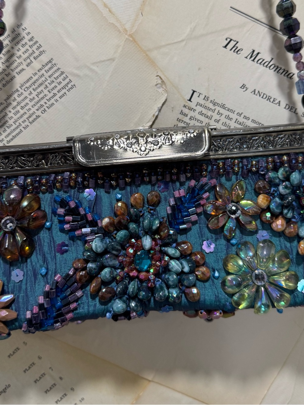 Vintage Mary Francis Evening Bag Beaded Strap Jewel Embellish Teal Y2K - Picture 5 of 8